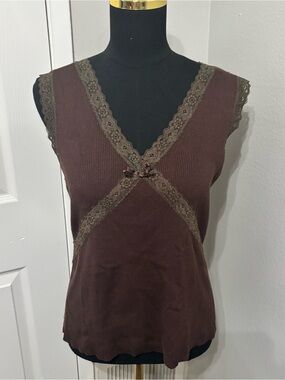 Y2K Brown Coquette Earthy Lace Sweater Tank Top Size XL